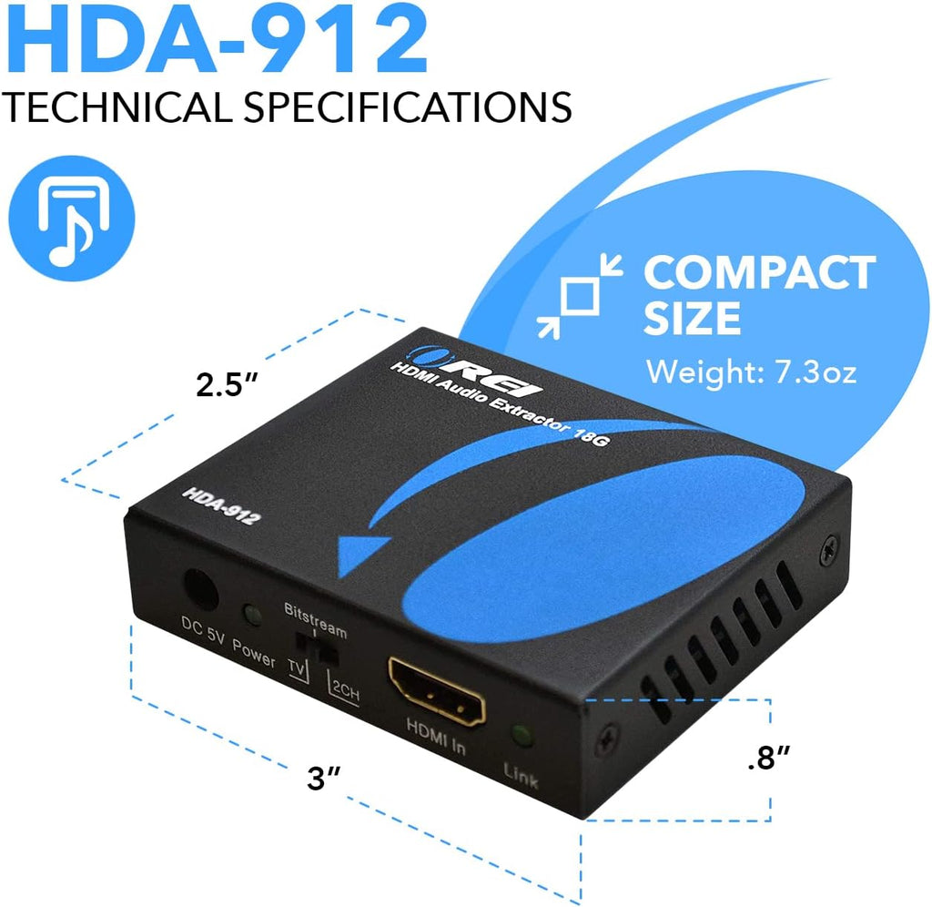 OREI 4K 60Hz 18G HDMI 2.0 Audio Converter Extractor - SPDIF + 3.5mm Output - HDCP 2.2 - Dolby Digital/DTS Passthrough CEC, HDR, Dolby Vision, HDR10 Support (HDA-912)