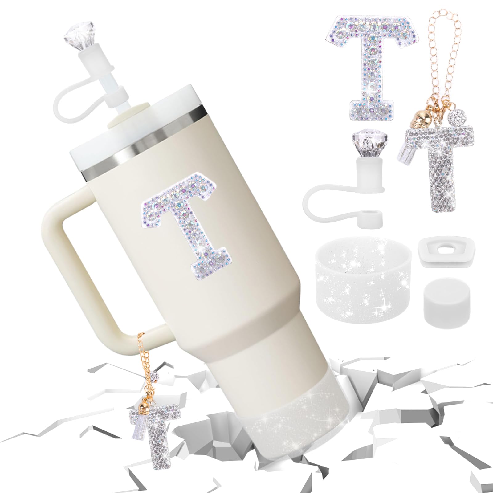 Mity rain Accessories Set for Stanley Cup, Initials Decorations for Tumbler Cup 30/40OZ, Including Diamond Straw Topper/Spill Proof Stopper/Sparkly Silicone Boot Set/Letter Charms for Handle A-Z (A-)