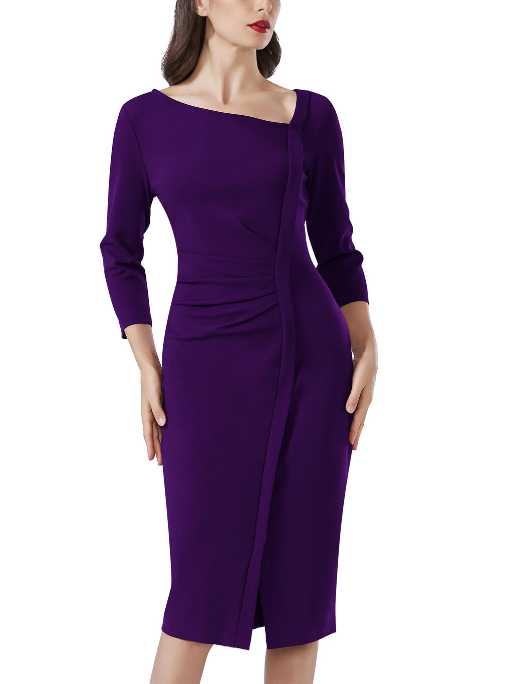 AISIZE Women's Retro 3/4 Sleeve Ruched Elegant Business Pencil Sheath Dress