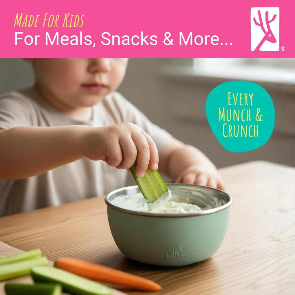 Elk and Friends Stainless Steel Bowls + Silicone Sleeve and Storage Lid | Baby, Toddler, Kids | Cereal & Snack Bowls | Storage Containers | Dishwasher Safe | 4 Pack