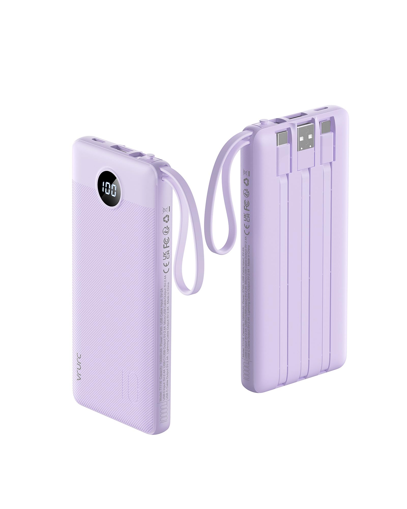 VRURC Portable Charger Power Bank, USB C Battery Pack 10000mAh, Flight-Safe Travel Essentials, 5 Outputs 2 Inputs Slim Phone Charging Bank Built-in Cables for Multi Devices-Lavender(1 Pack)