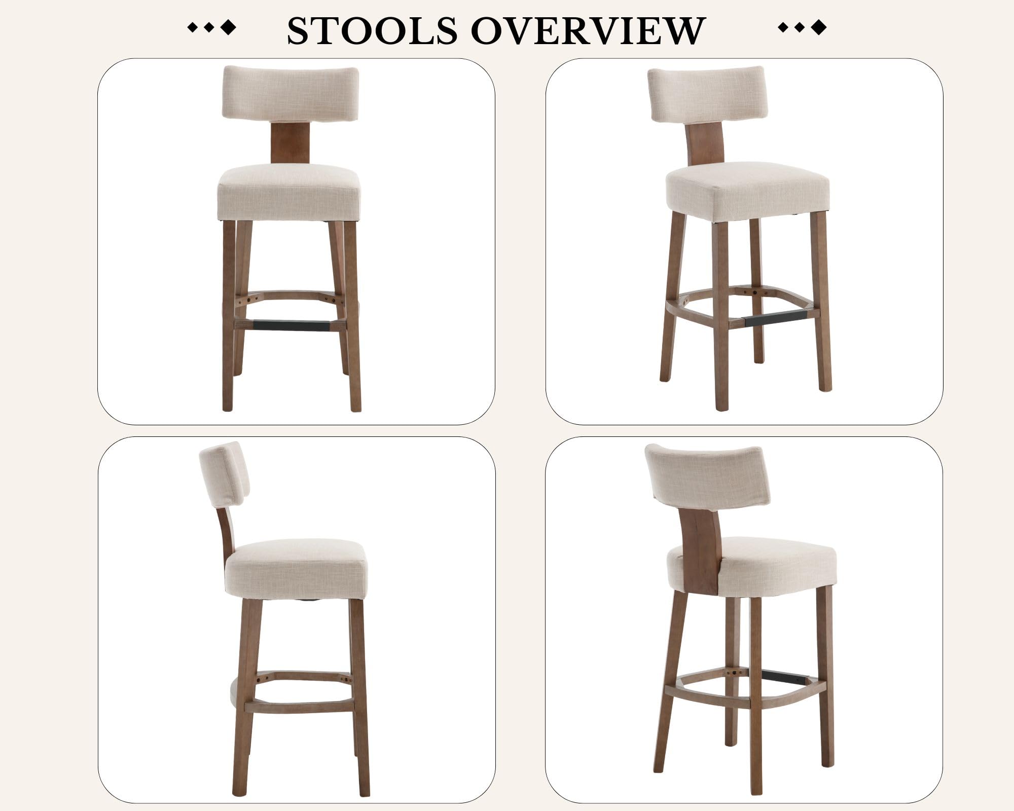 Farmhouse 30'' Extra Tall Bar Stools Set of 2 Modern Counter Height Barstools with Backs Rustic Wood Bar Stools Linen Upholstered Counter Chairs Kitchen Island Stool Chairs with Wood Frame, Beige