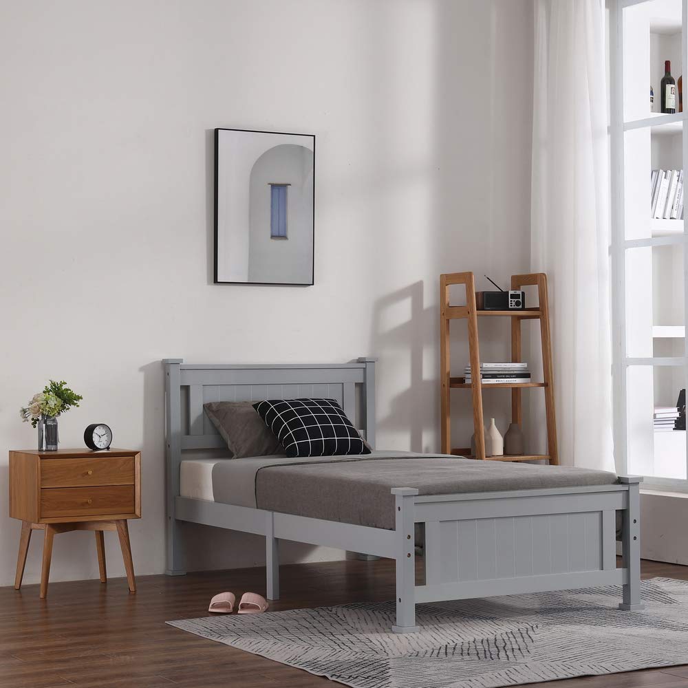 Bonnlo Twin Size Solid Wood Platform Bed Frame, Single Bed with Headboard, No Box Spring Needed Panel Bed, Wood Slat Support Mattress Foundation, White