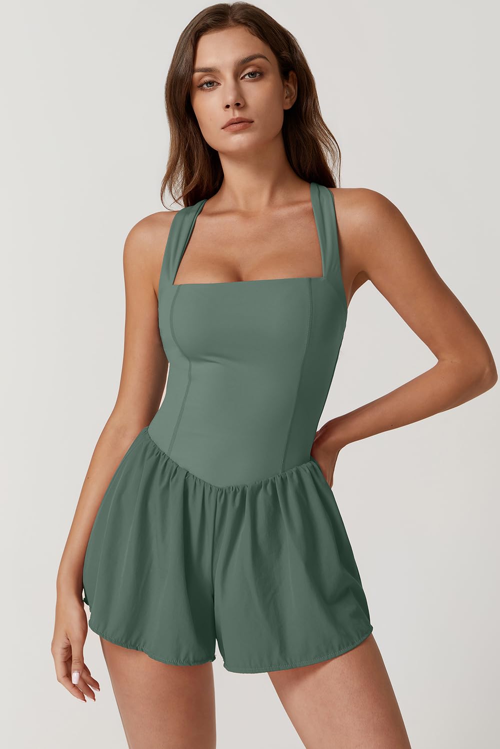 QINSEN Women's Square Neck Sleeveless Romper Jumpsuit Casual Summer One Piece Outfit with Pocket
