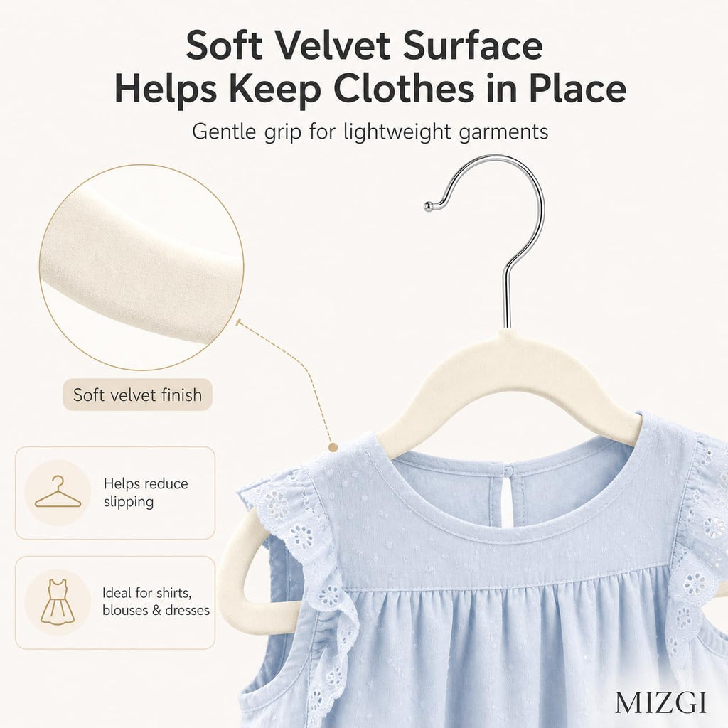 MIZGI Baby Velvet Hangers,Non-Slip Kids & Toddler Hangers,11.8 Inch Hangers for Baby Clothes,Pack of 50(Black/Black)