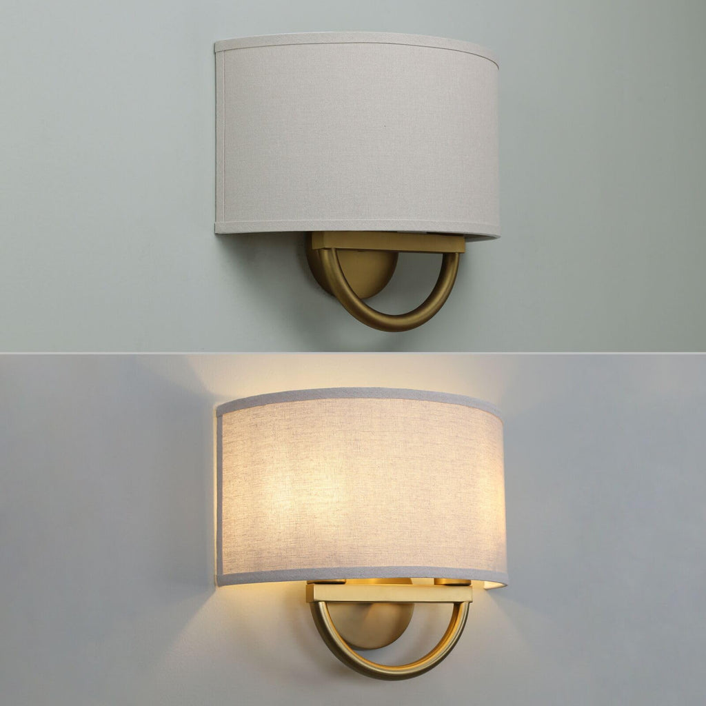 Yosoan White Fabric Cloth Boho Aged Brass Gold Wall Sconce Stairwell Fixture Light, 2-Light Dual Indoor Hardwired Vanity Vintage Wall Mount Lamp Antique Metal Base Semicircle Shade Lamp for Hallway