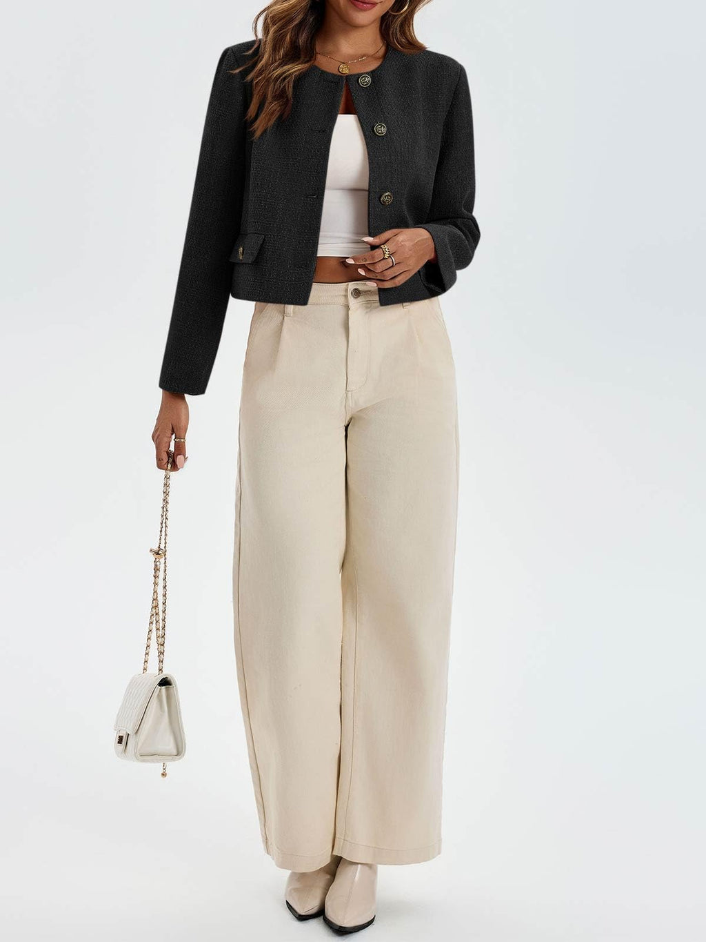 Cicy Bell Womens Cropped Tweed Blazer Collarless Button Down Bomber Jacket Business Casual Fall Outfits