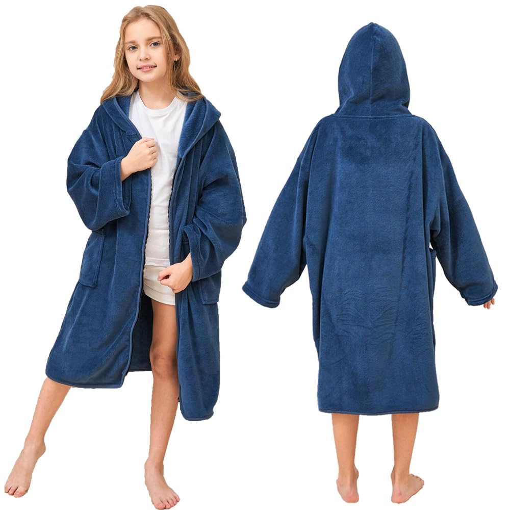 Hiturbo Kids Bath Towel Hoodie: Soft Plush Zipper Surf Poncho - Warm Fleece Changing Towels Swimming Outerwear (Blue)