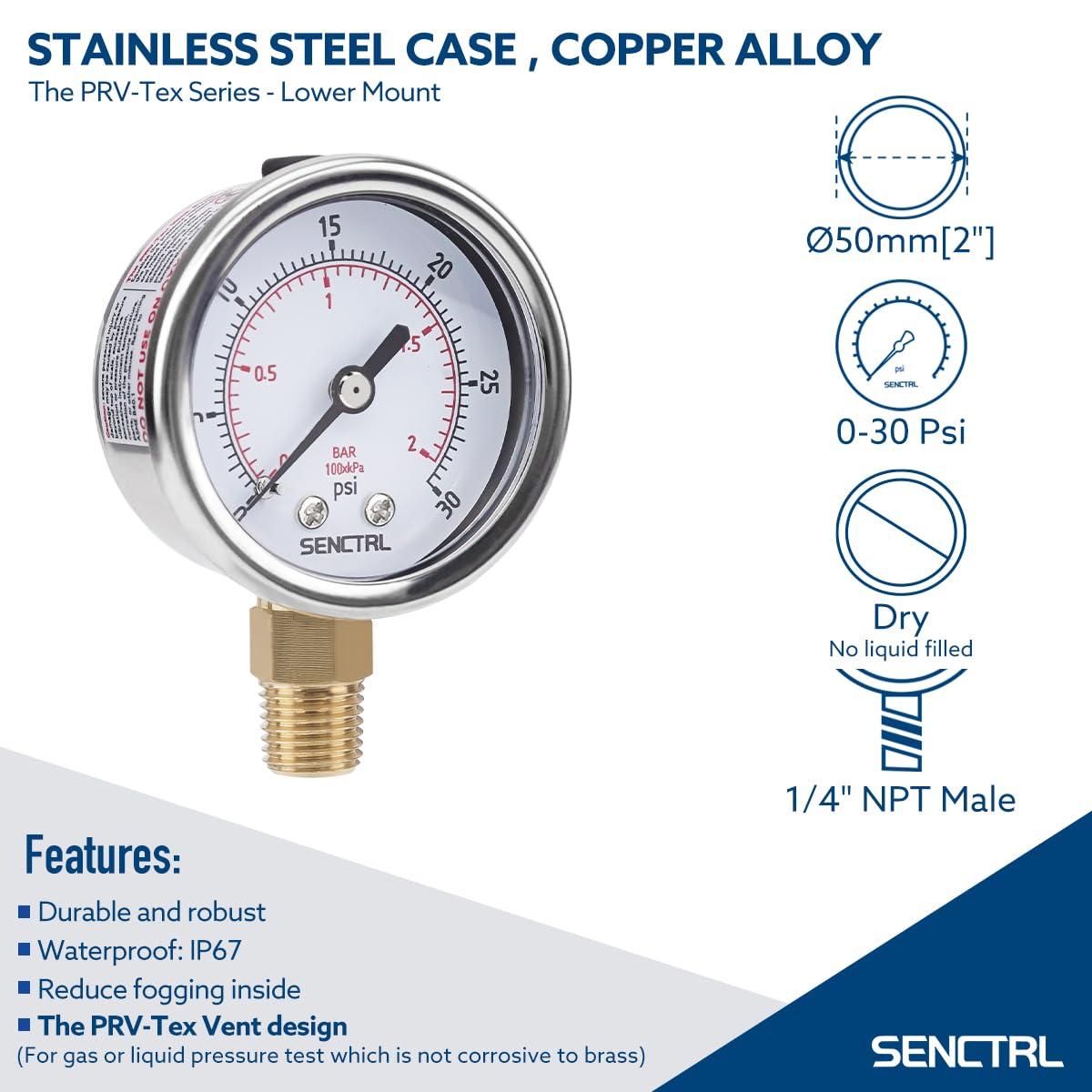 SENCTRL 30inHg Vacuum Pressure Gauge, 2" Dial, 1/8 NPT Lower Mount, Waterproof, Stainless Steel Case, for Tube Tester, HVAC, Pneumatic Air Compressor, Hand Pump, Valve Test