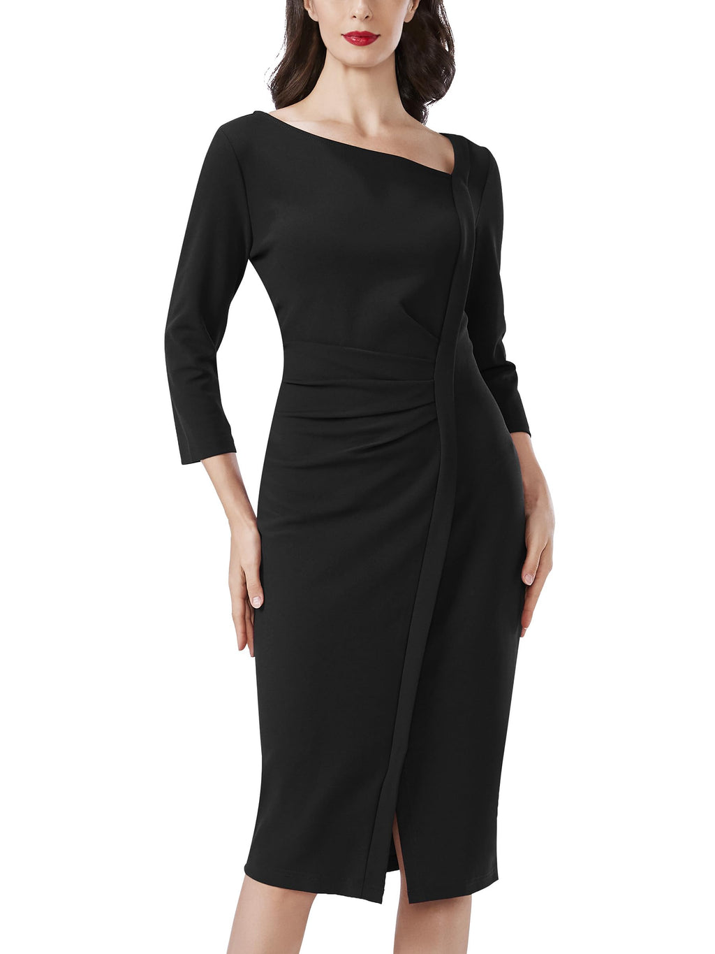 AISIZE Women's Retro 3/4 Sleeve Ruched Elegant Business Pencil Sheath Dress