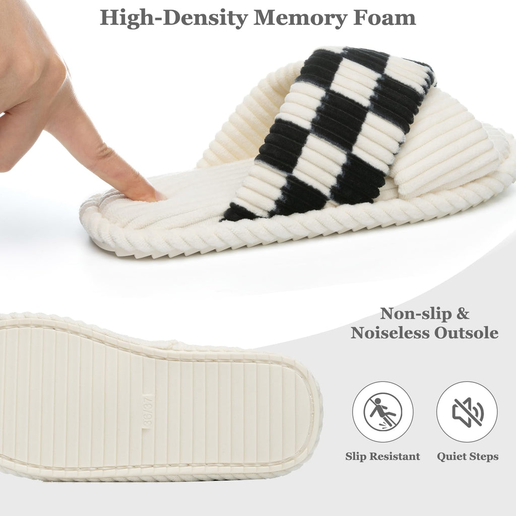 GOEWY Slippers for Women Memory Foam House Bedroom Corduroy Crossbands Open Toe Slides Sandals Shoes Comfy Trendy Gift for womens Anti-Skid sole
