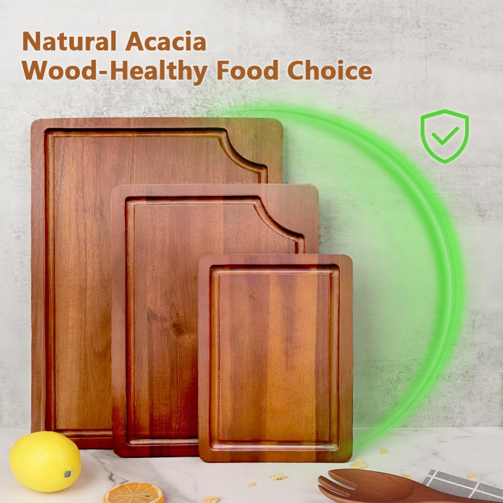 AIDEA Wood Cutting Board, Wooden Cutting Boards for Kitchen, Acacia Wood Chopping Board Set of 3 with Deep Juice Groove, for Meat, Vegetables, and Fruit