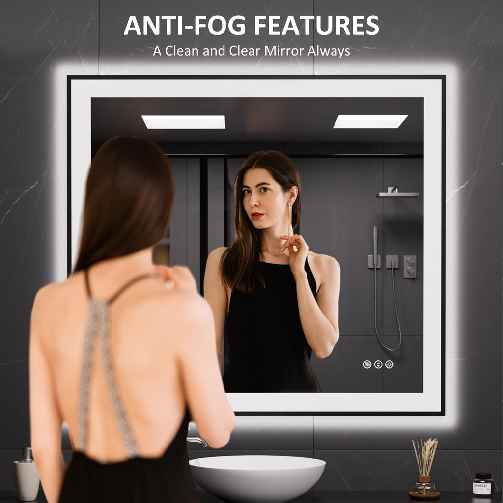 LOAAO 20"X28" LED Bathroom Mirror Black Framed | Anti-Fog, Dimmable, Memory Function, Tempered Glass, Lighted Vanity Mirror for Wall