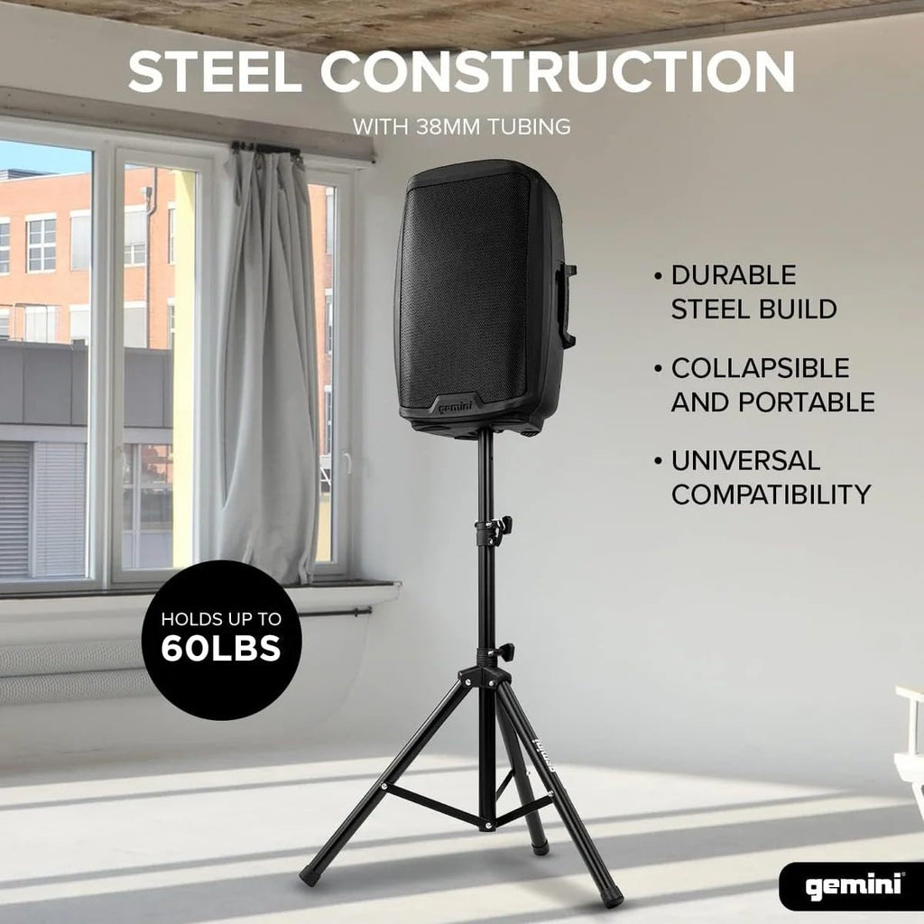 Gemini Sound ST-Pack Heavy Duty Professional Audio Universal DJ Fold-Out Telescoping Tripod Steel Speaker Stands (Set of 2), Up to 80" Inches Tall, 200lb Weight Capacity with Carry Bag Included,Black