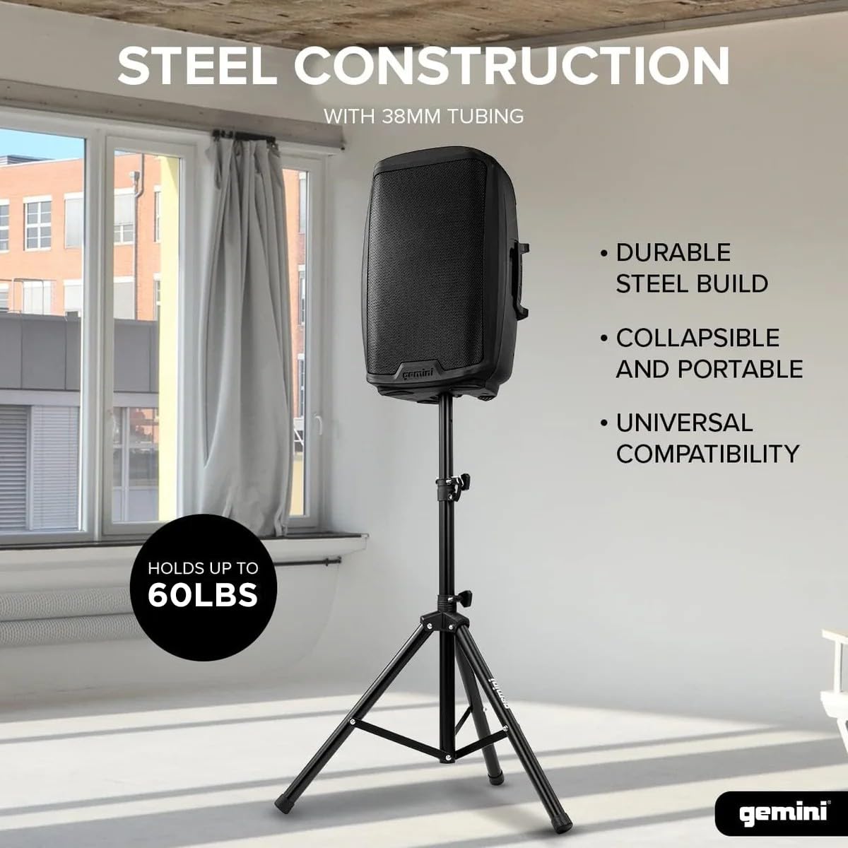 Gemini Sound ST-Pack Heavy Duty Professional Audio Universal DJ Fold-Out Telescoping Tripod Steel Speaker Stands (Set of 2), Up to 80" Inches Tall, 200lb Weight Capacity with Carry Bag Included,Black