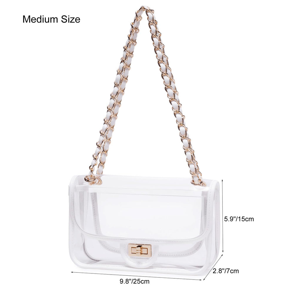 Womens PVC Clear Purse Handbag with Chain Stadium Approved Clear Bag See Through Bag for Working and Concert