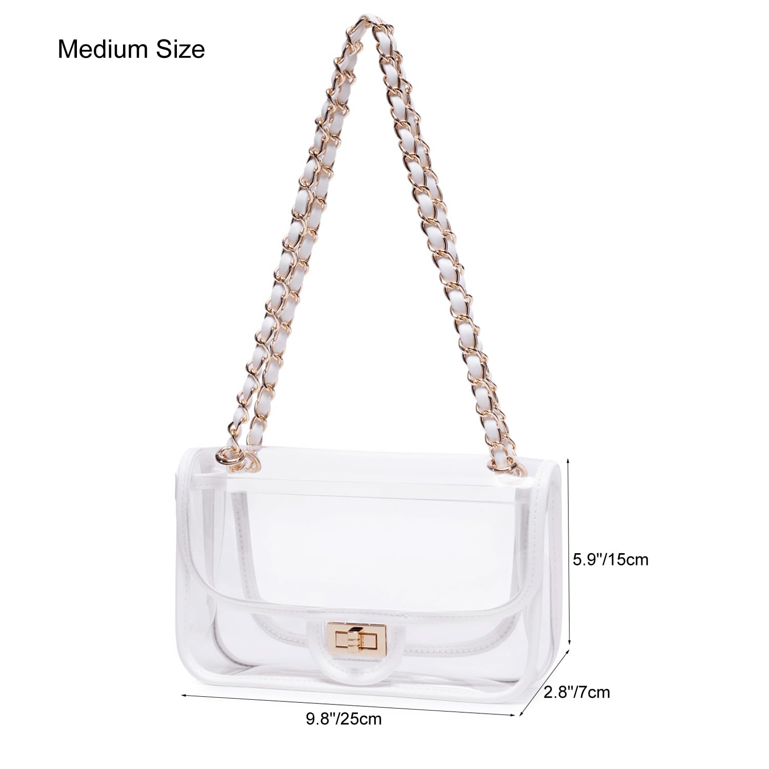 Womens PVC Clear Purse Handbag with Chain Stadium Approved Clear Bag See Through Bag for Working and Concert