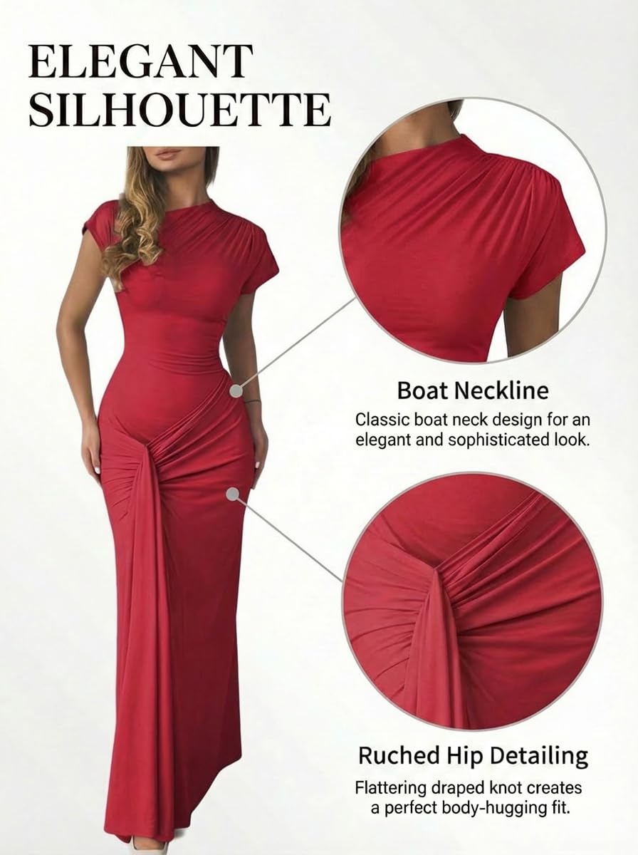 Mojessy Women Bodycon Maxi Dress Sexy Mock Neck Lace Up Bandage Ruched Short Sleeve Long Dress Cocktail Dress