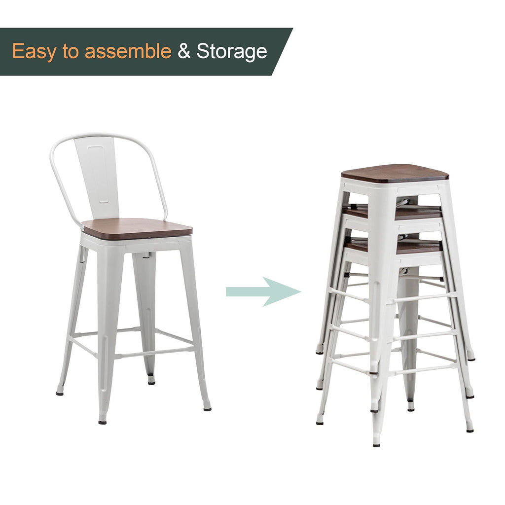Alunaune 24" Swivel Metal Bar Stools Set of 4 High Back Counter Height Barstools Industrial Dining Bar Chairs with Large Wooden Seat-Matte Black