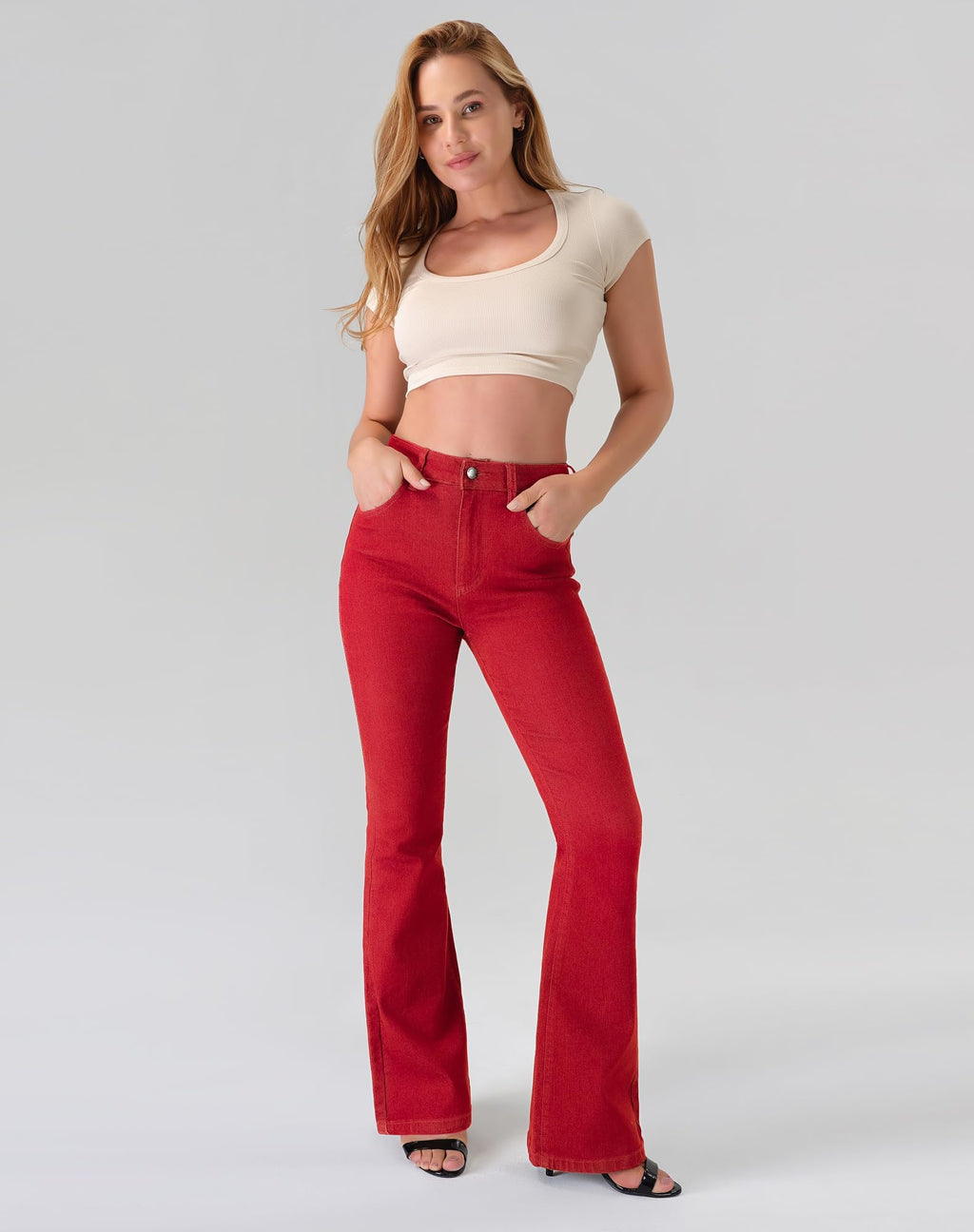 roswear Women's Trendy Stretchy Flare Jeans Mid Rise Bootcut Curvy Denim Pants