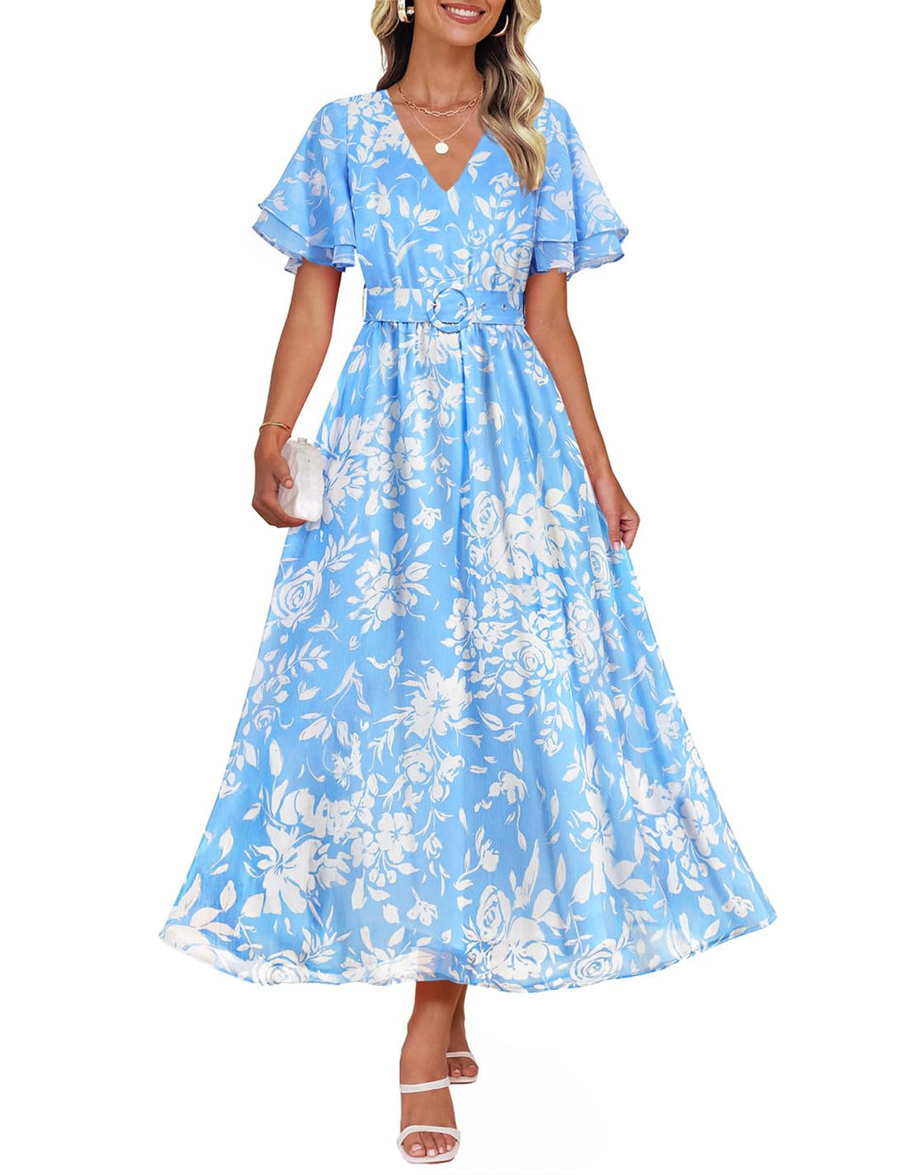 ZESICA Women's 2026 Summer Floral V Neck Midi Dress Boho Short Sleeve High Waist Flowy Beach Vacation Dresses with Belt