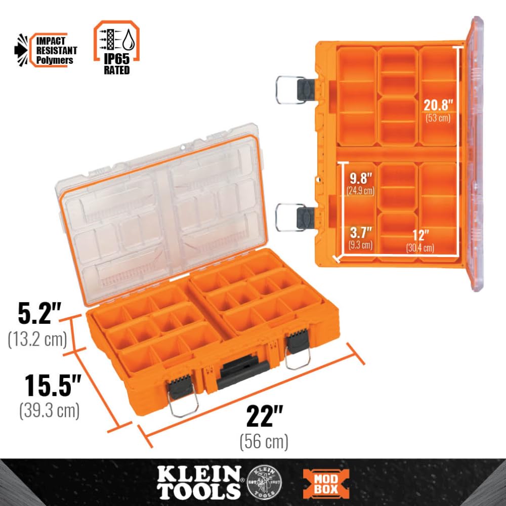 Klein Tools 54806MB MODbox Tall Compartment Box, Full-Width Tool Organizer, Small Parts Tool Box with 20 Compartments, 8 Removable Bins for Fasteners, Stackable Module