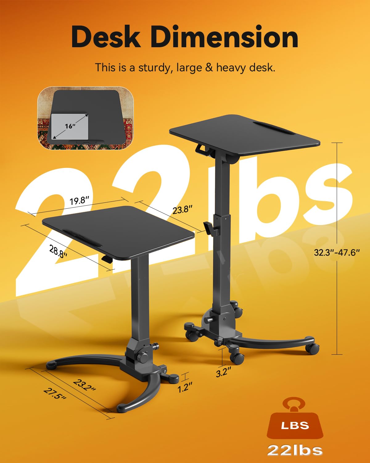 JOY worker Foldable Mobile Standing Desk, Height Adjustable Sit Stand Desk, 90° Tiltable Rolling Laptop Table, Portable Workstation with Non-Slip Mat for Home Office, Holds Up to 22lbs, Black