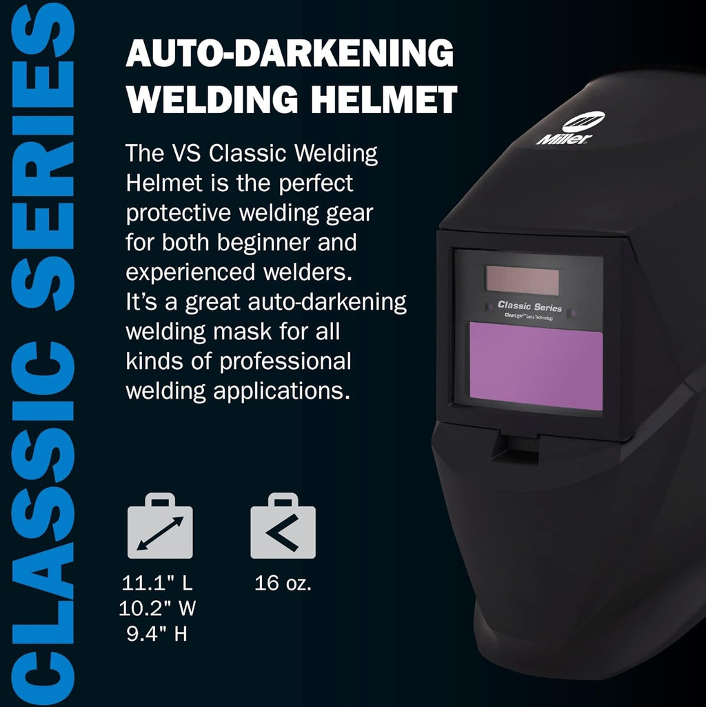 Miller Classic Series Auto-Darkening Welding Helmet - Professional TIG/MIG Welding Mask with ClearLight Technology, High Definition Optics, Variable Shade 8-13, Comfortable Headgear, Black