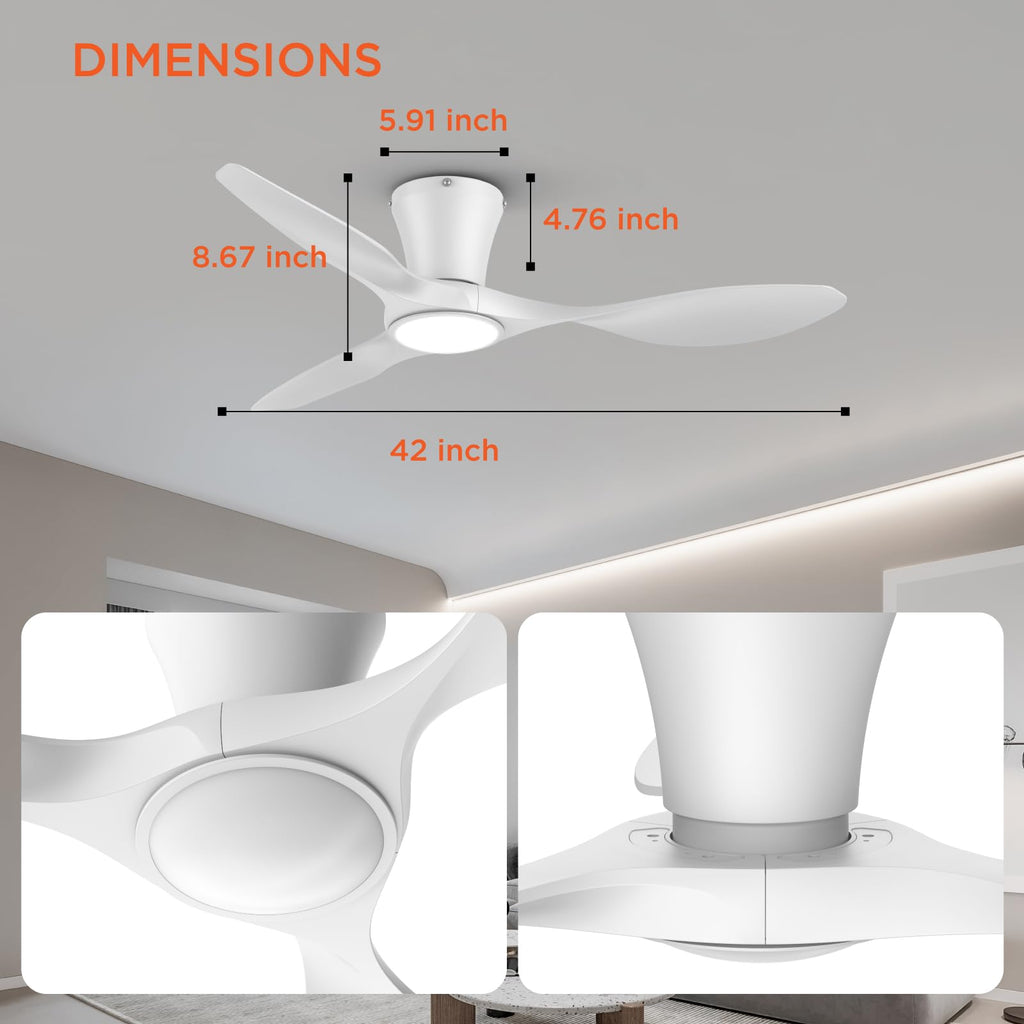 TALOYA Ceiling Fans with Lights,42 inch Modern Low Profile Ceiling Fan with Light and Remote Control, Flush Mount, 3CCT, White Ceiling Fan for Bedroom Living Room and Patio