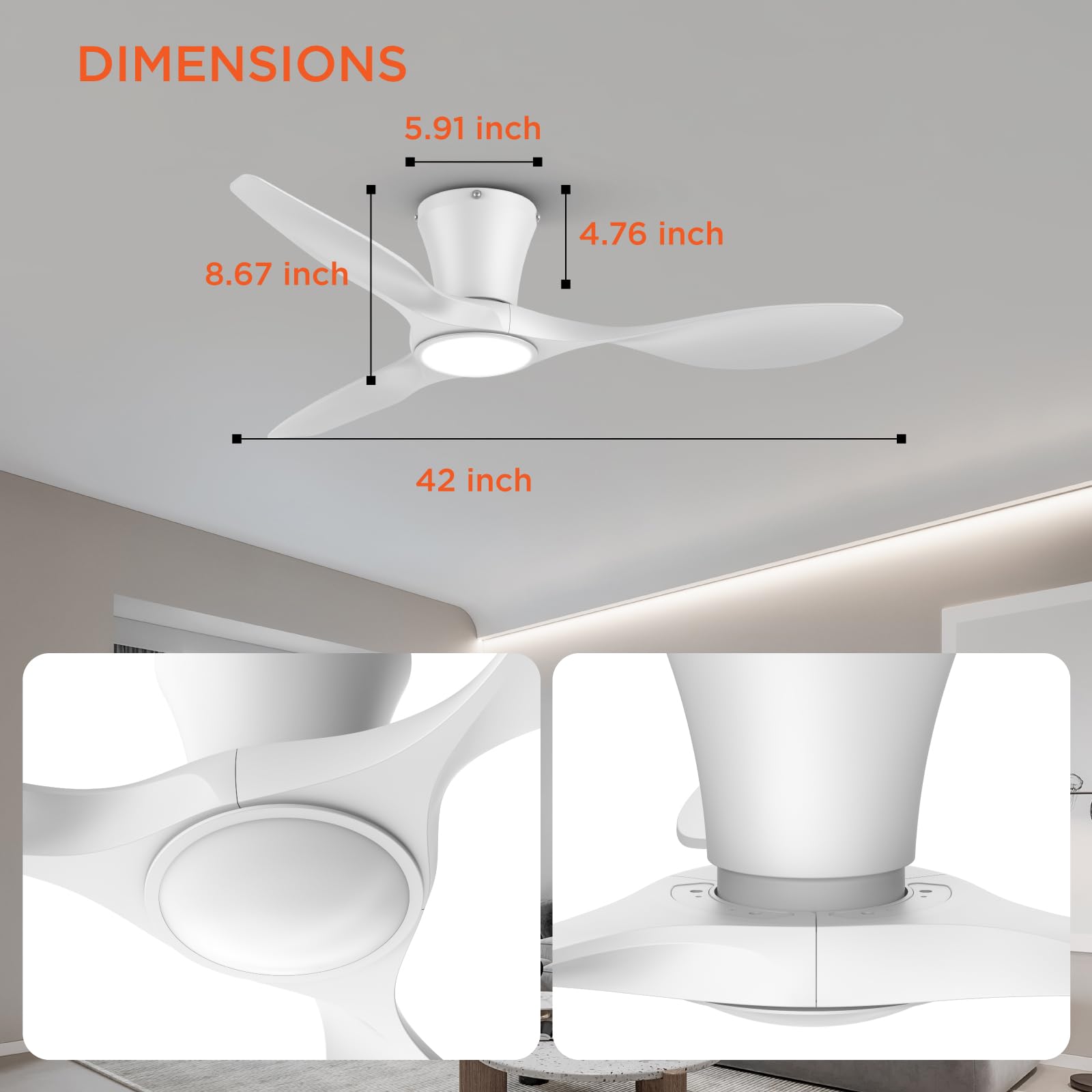 TALOYA Ceiling Fans with Lights,42 inch Modern Low Profile Ceiling Fan with Light and Remote Control, Flush Mount, 3CCT, White Ceiling Fan for Bedroom Living Room and Patio