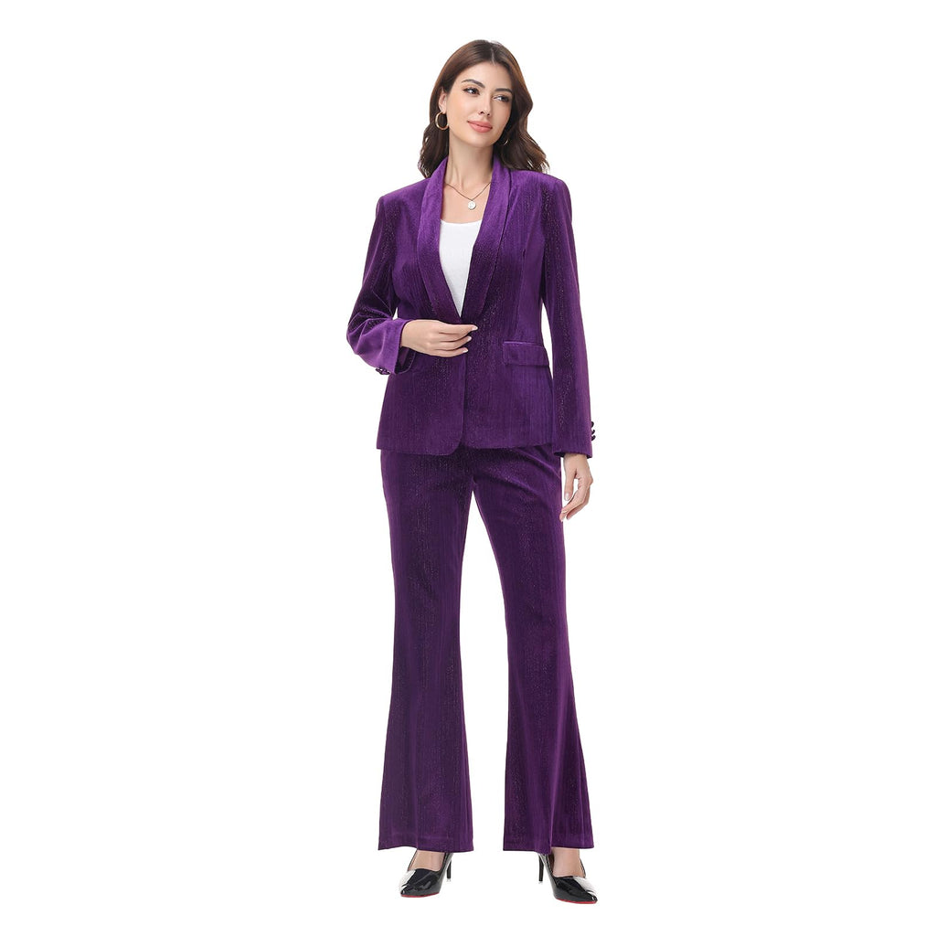 Lamgool Women Pantsuit Dressy Silver Thread Velvet 2 Piece Suit Set Blazer and Flared Pants