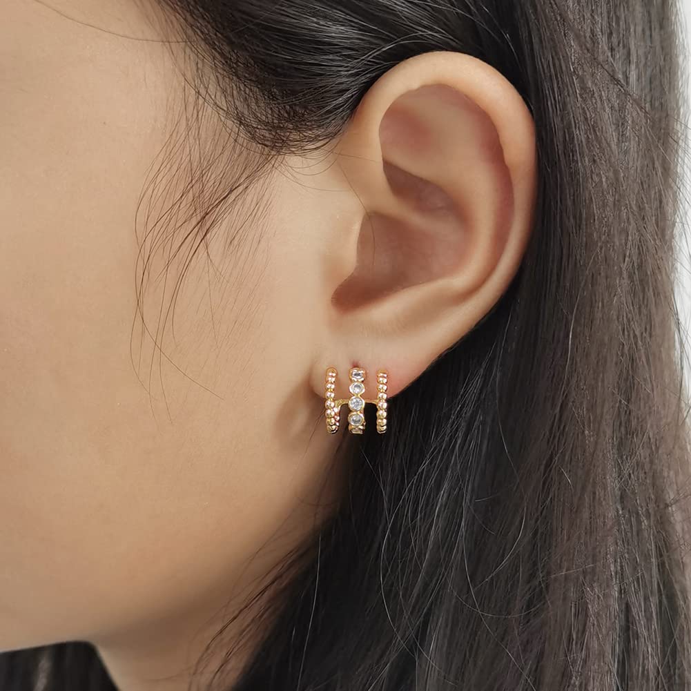 Obidos 14K Gold Plated Illusion Stud Earrings for Women | Triple Huggie Hoop Earrings for One Hole| Trendy Simple Hypoallergenic Fashion Accessories Gold Jewelry Gifts for Womens
