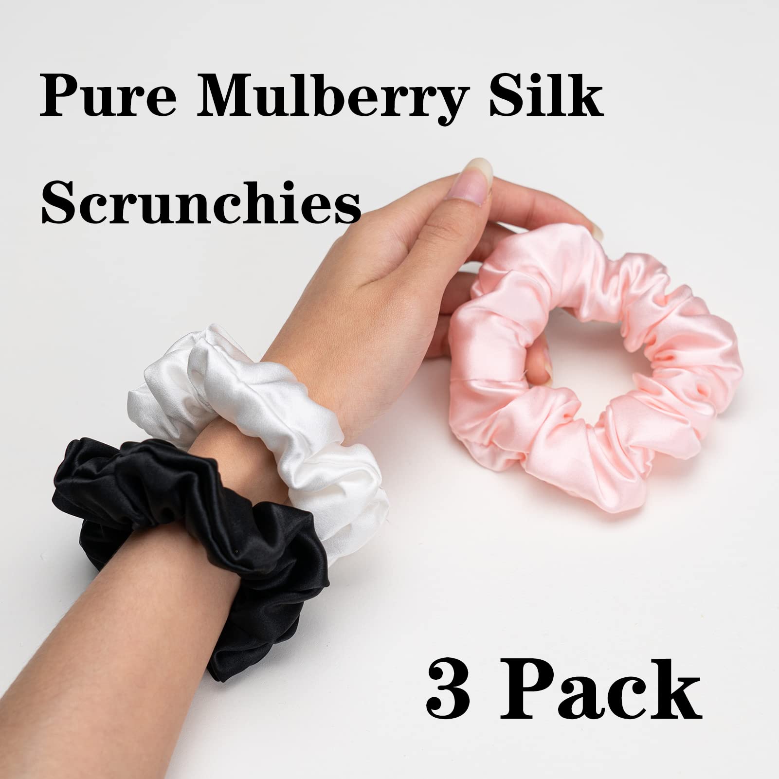Silk Scrunchies for Hair 100% Mulberry Silk Hair Ties（Silver gray, Dark gray, Pink）