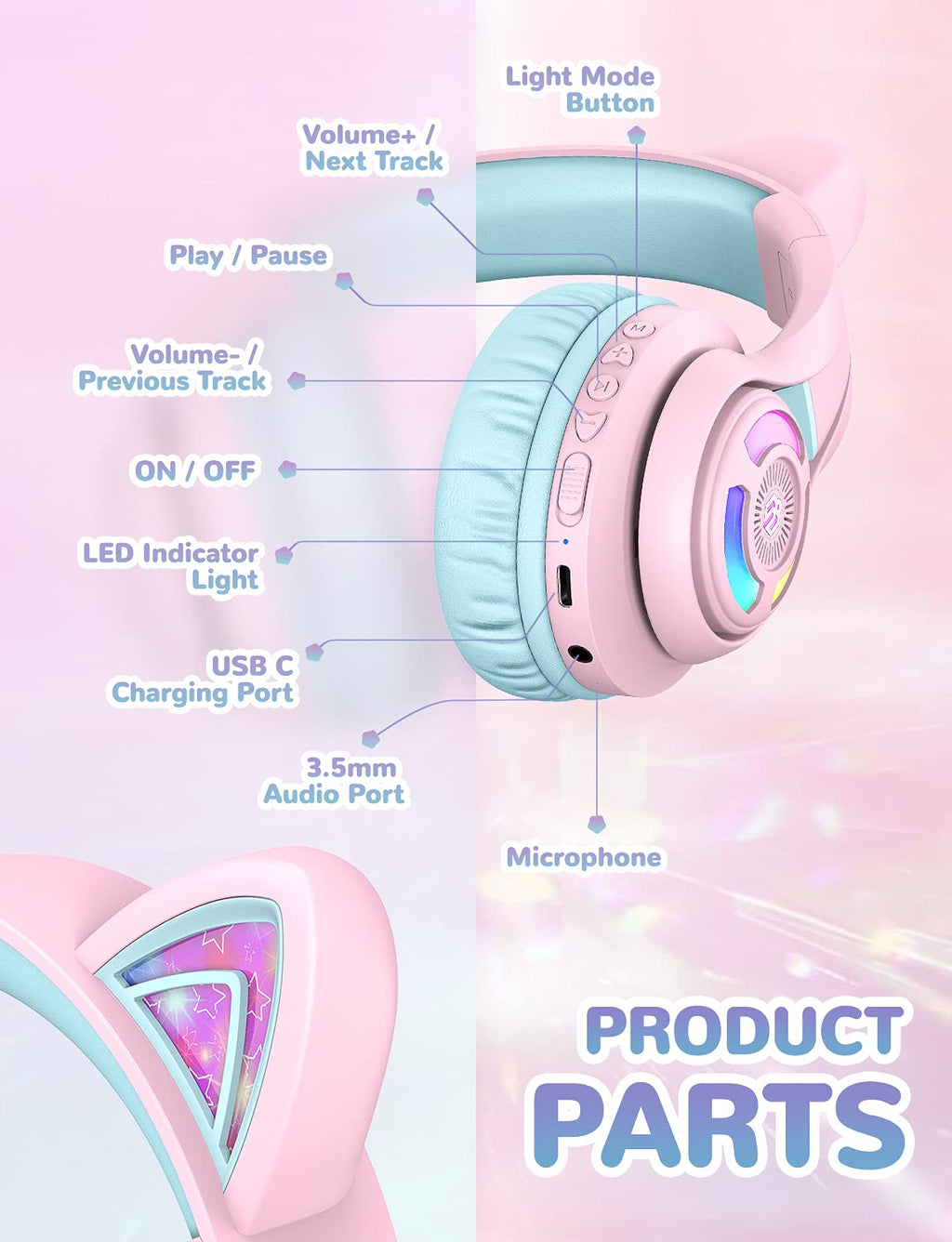 iClever Cat Ear Kids Bluetooth Headphones, LED Lights Up, 74/85dBA Safe Volume Limited, 50H Playtime,Bluetooth 5.2, USB C,Kids Headphones Wireless Over Ear for Travel iPad Tablet, Meow Macaron-Purple