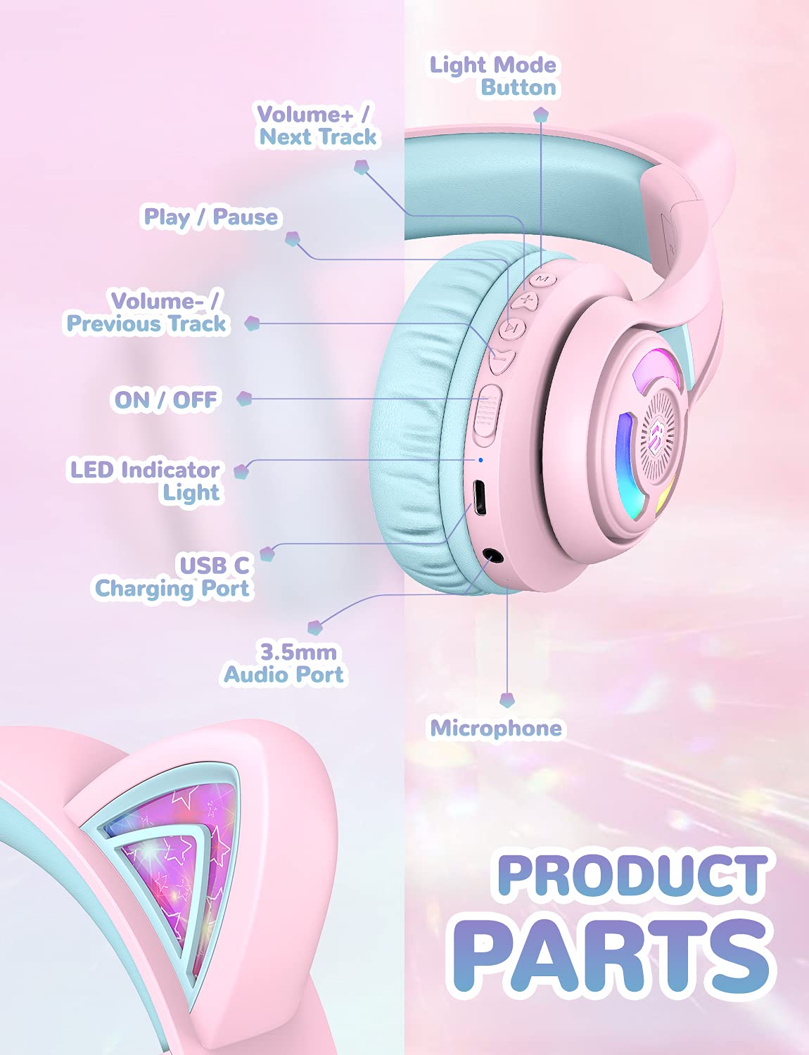 iClever Cat Ear Kids Bluetooth Headphones, LED Lights Up, 74/85dBA Safe Volume Limited, 50H Playtime,Bluetooth 5.2, USB C,Kids Headphones Wireless Over Ear for Travel iPad Tablet, Meow Macaron-Purple