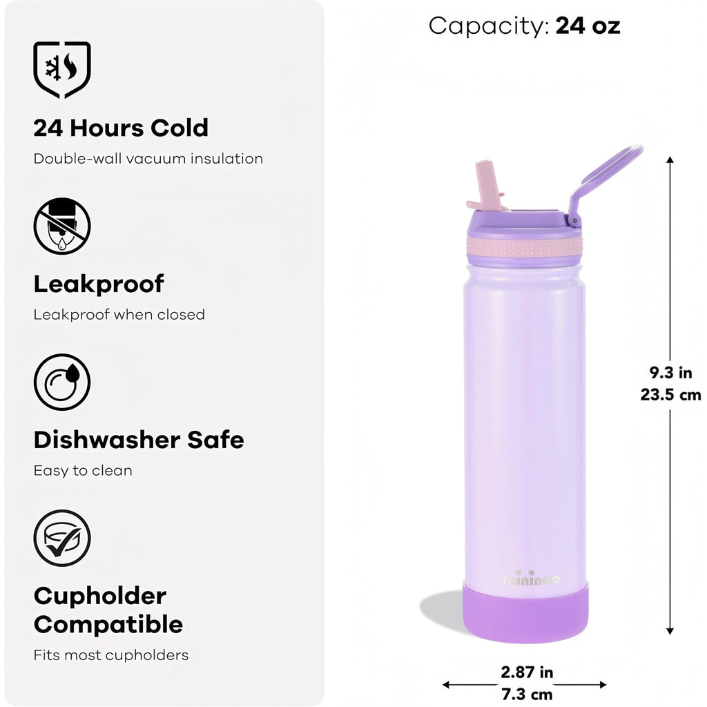 mininoo 24 oz Insulated Water Bottle with Straw Lid, Stainless Steel Double Wall Vacuum, Leak Proof, BPA Free, Keep Cold for 24H & Hot for 12H-2 pack(Black)