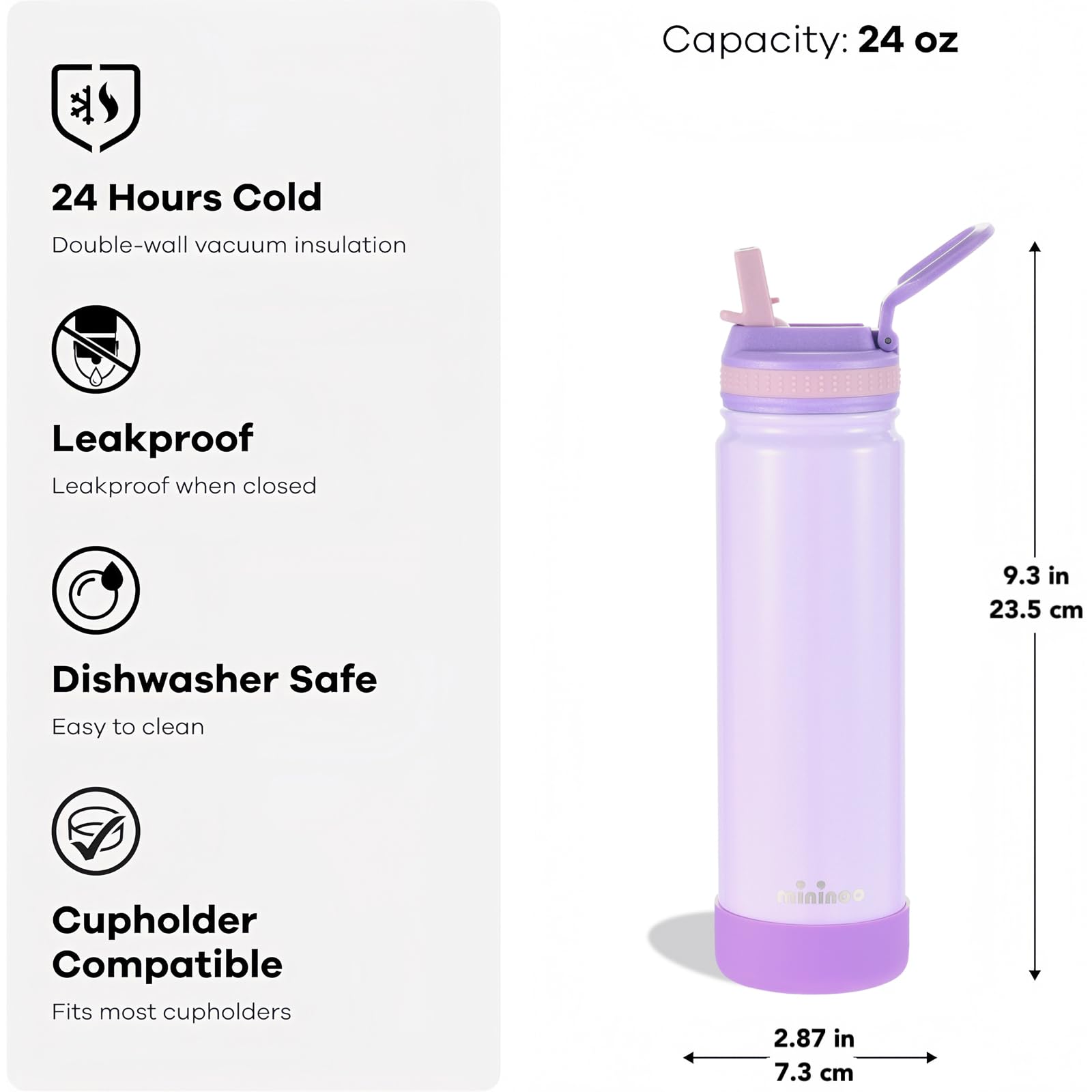 mininoo 24 oz Insulated Water Bottle with Straw Lid, Stainless Steel Double Wall Vacuum, Leak Proof, BPA Free, Keep Cold for 24H & Hot for 12H-2 pack(Black)