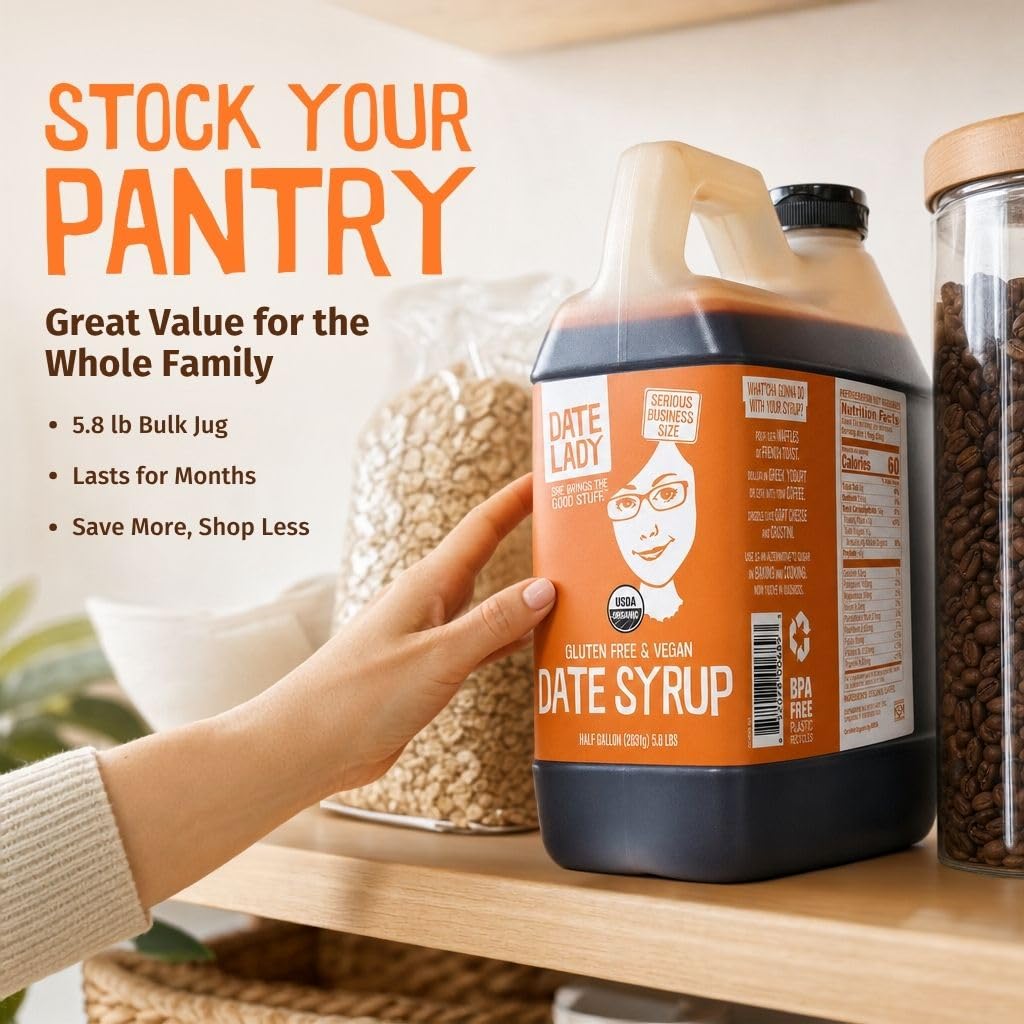 Date Lady Date Syrup 3 lb Squeeze Bottle | 1 ingredient: 100% Organic Dates. Vegan, Paleo, Gluten-free & Kosher | Also Known As Silan, Date Honey and Date Nectar | Sugar Substitute