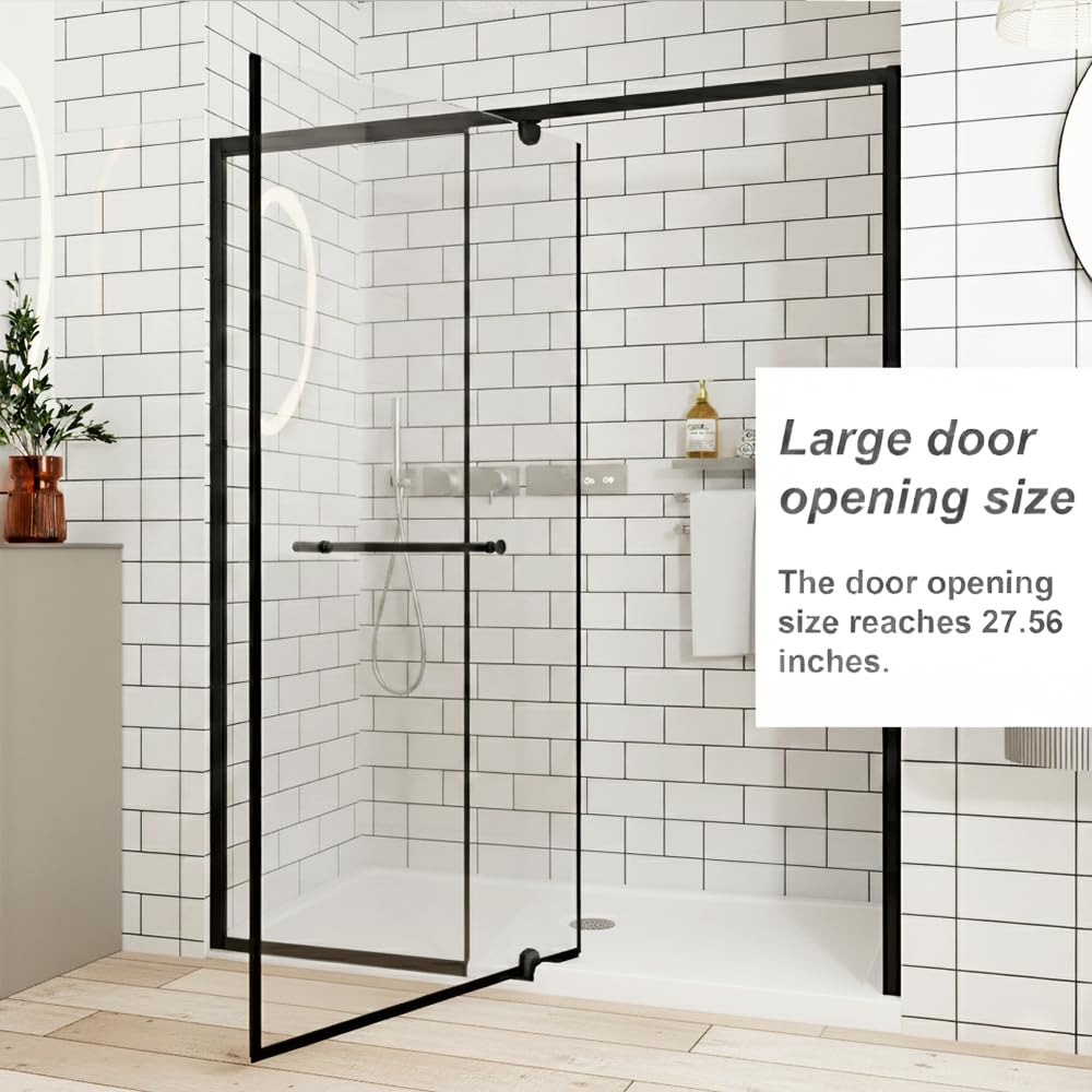 28” x 72” Pivot Shower Door, 1/4 inch Tempered Glass Panel Pivot Swing Shower Door in Matte Black Finish, Semi-Frameless Design