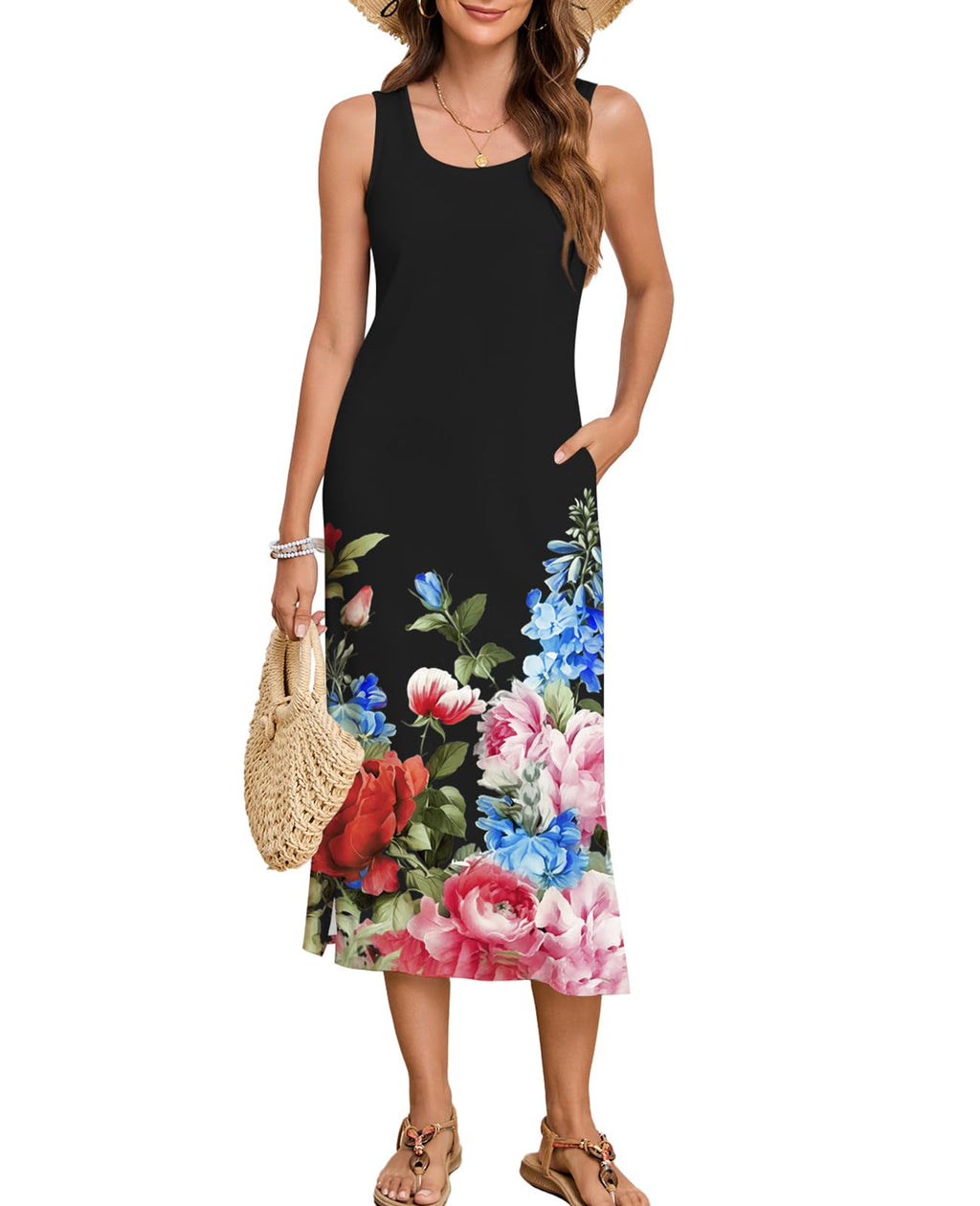 Naggoo Women's Sleevelee Tank Dress Midi Summer Casual Scoop Neck Basic Split Maxi Tshirt Sundresses with Pockets
