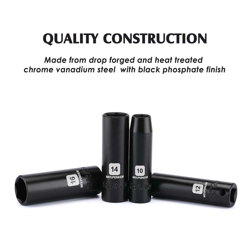 MIXPOWER 12 Pieces 3/8-Inch Drive Shallow Impact Socket Set, 5/16 to 1 inch, CR-V, SAE, 6 Point, Shallow, 12 Pieces 3/8" Dr. Socket