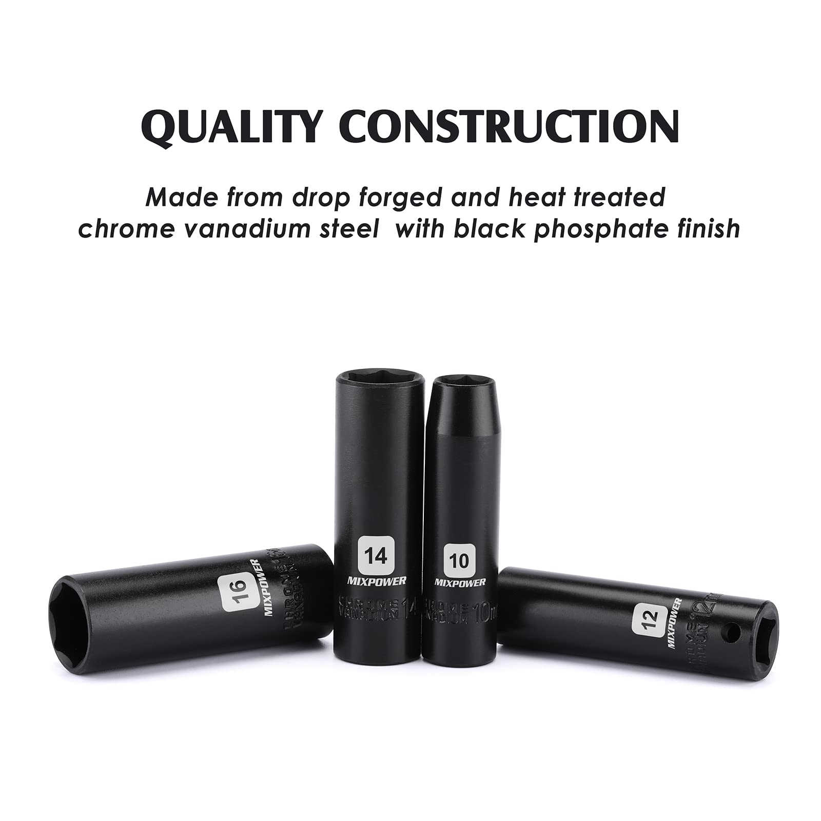 MIXPOWER 12 Pieces 3/8-Inch Drive Shallow Impact Socket Set, 5/16 to 1 inch, CR-V, SAE, 6 Point, Shallow, 12 Pieces 3/8" Dr. Socket