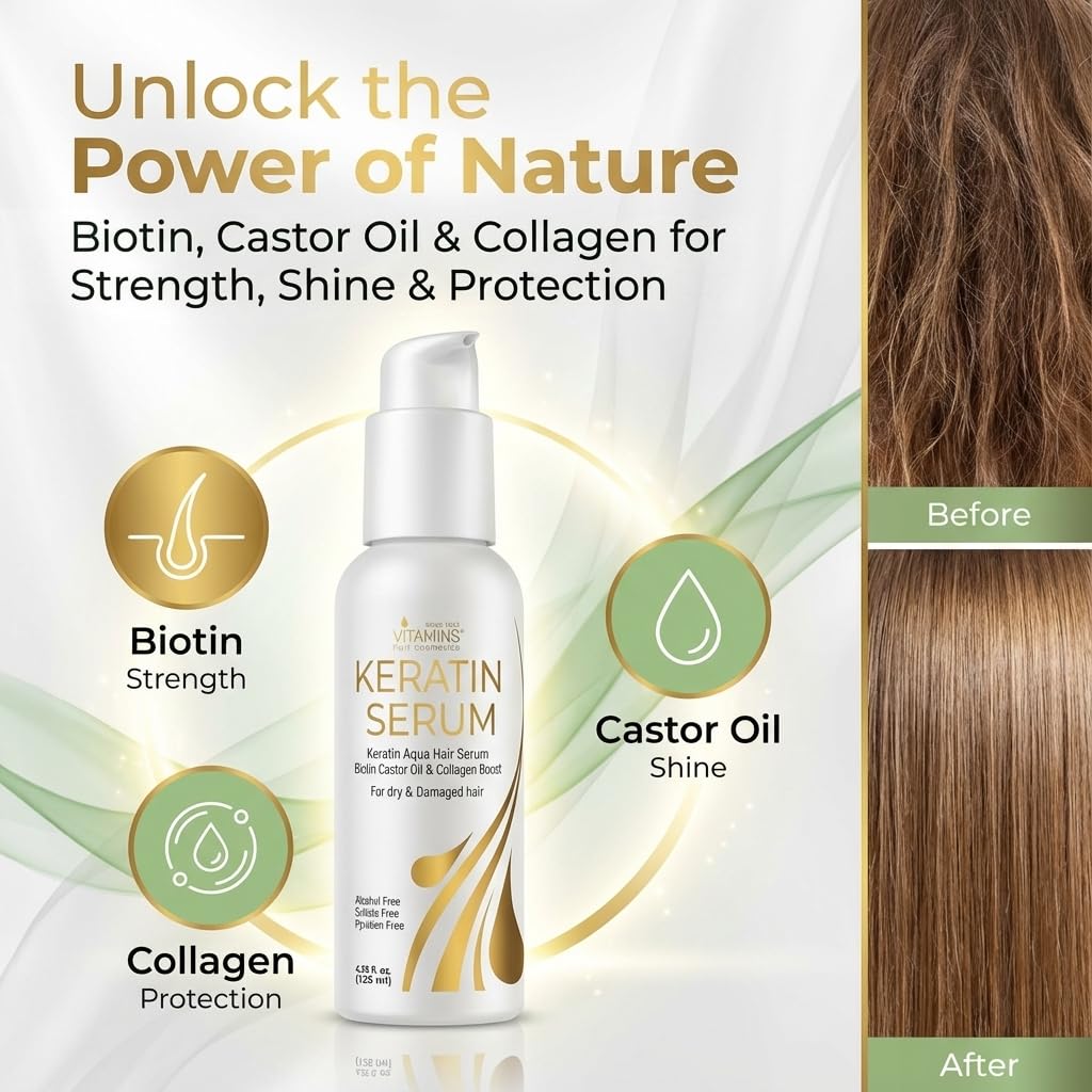 VITAMINS hair cosmetics Keratin Hair Serum with Biotin, Castor Oil & Collagen - Anti-Frizz Heat Protectant & Leave-In Shine Treatment for Dry, Damaged, Color-Treated Hair - 4.25 fl oz (125mL)