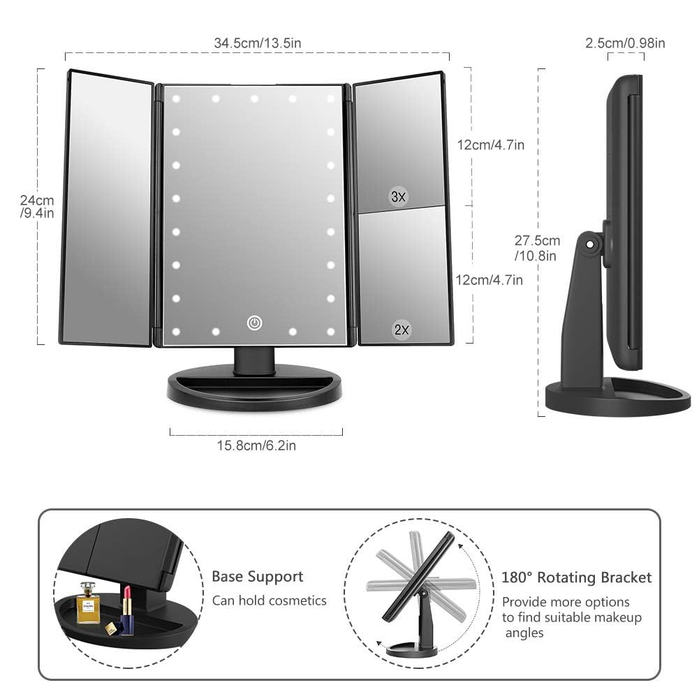 Flymiro Tri-fold Lighted Vanity Makeup Mirror with 3x/2x Magnification,Light up Mirror for Makeup,Touch Screen 21 LEDs,180° Rotation Countertop Cosmetic Mirror,Gifts for Women Mom Teen Girls