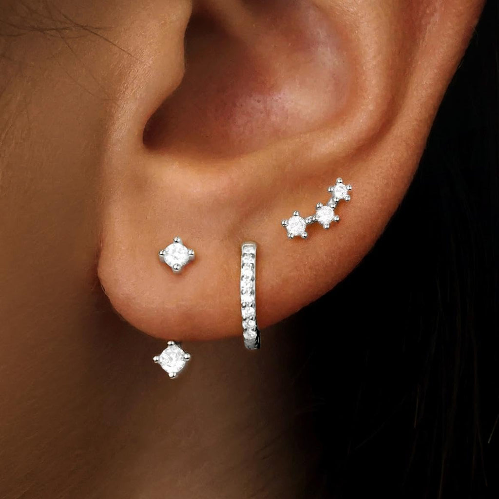 3 Pairs Dainty Small Earrings Set for Women Trendy, Birthstone Stud Huggie Hoop Jacket Stack for Cartilage Helix, Gold Plated Hypoallergenic Cute Women Fashion Accessories Western Jewelry Gifts