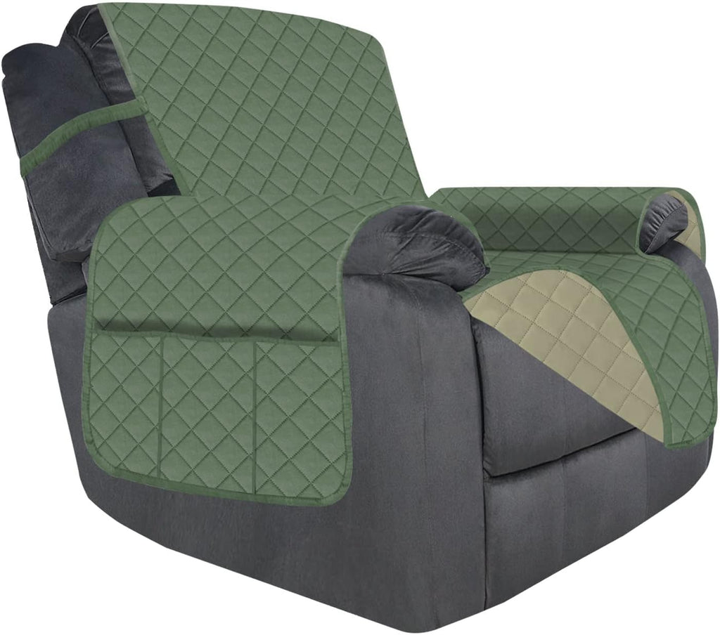 Deeky Recliner Chair Covers for Large Recliner, Reclining Chair Cover Slipcovers, Couch Sofa Covers for Dogs Pets Reversible Water Resistant Furniture Covers with Elastic Straps, Greyish Green/Beige