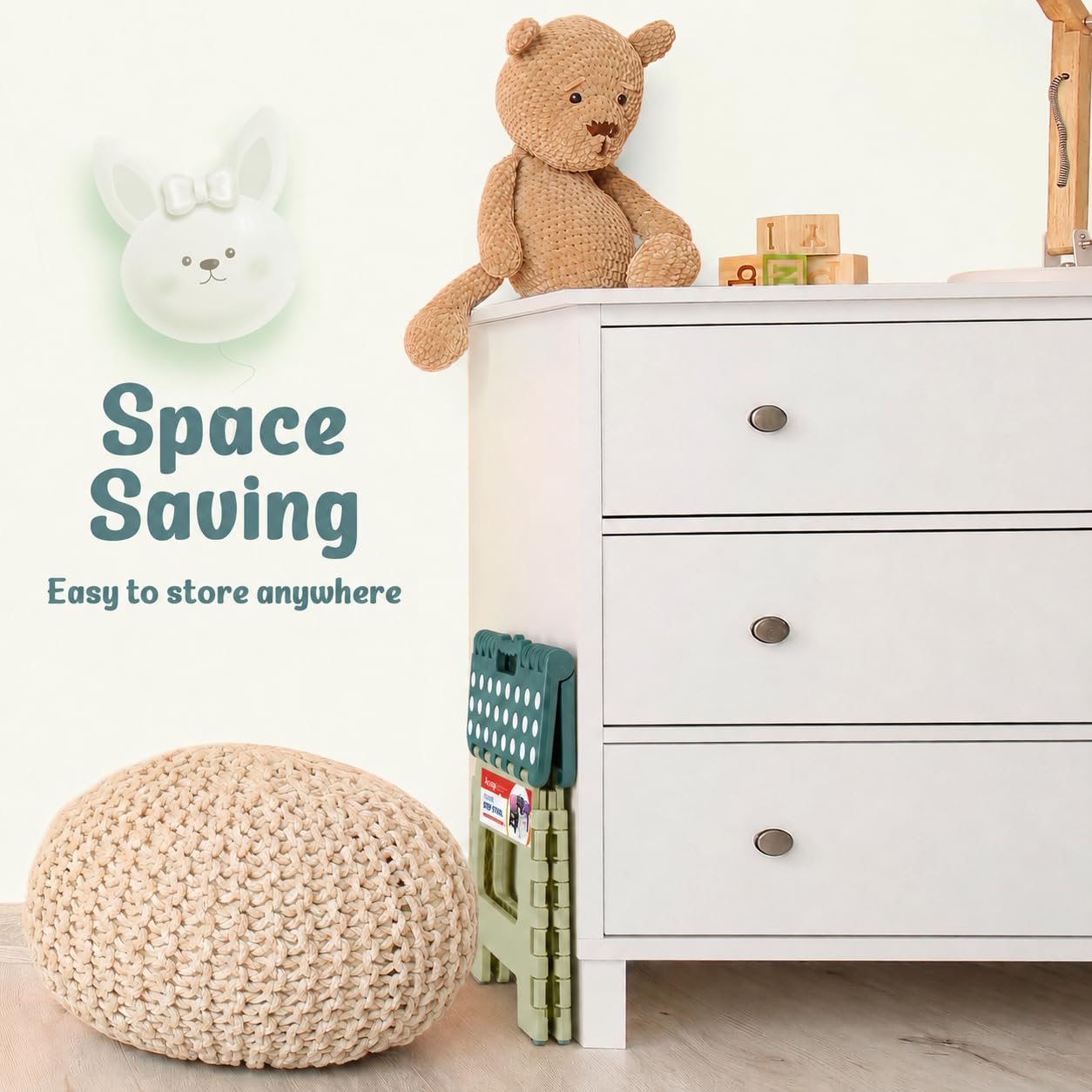 ACSTEP 9 Inch Folding Step Stool 300 LB Capacity Plastic Foldable Step Stools for Kids and Adults, Folding Stool Suitable for Kitchen, Stepping Stool with Handle Bicolor Green Small Step Stool 1PC