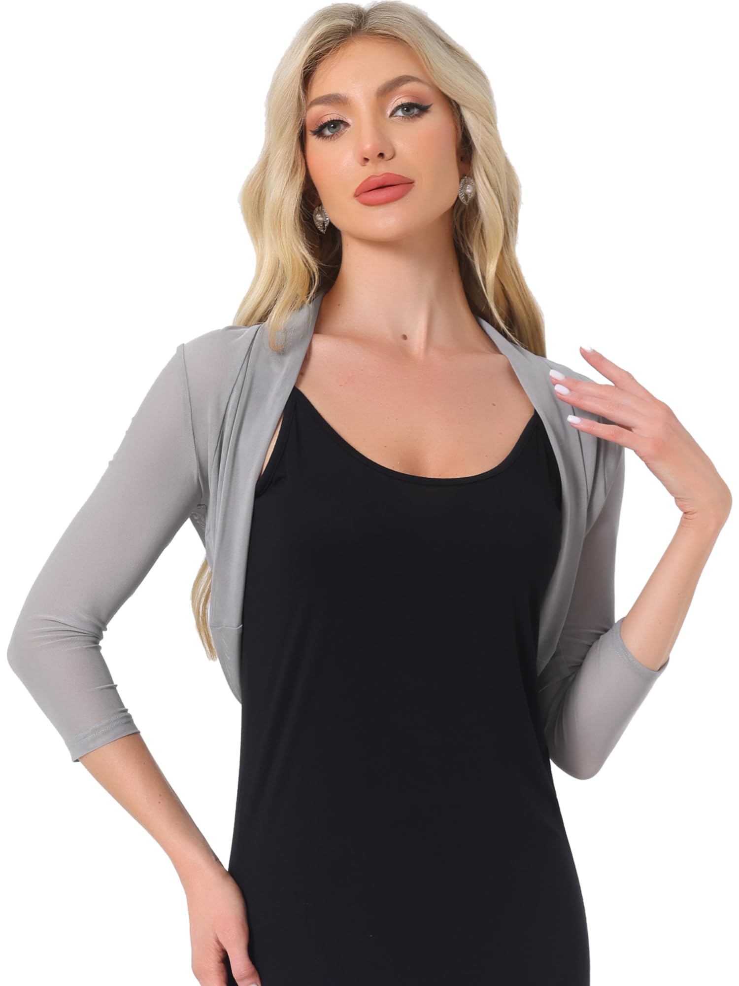 Allegra K Women's 3/4 Sleeve Sheer Mesh Shrug Open Front Cropped Bolero Cardigan