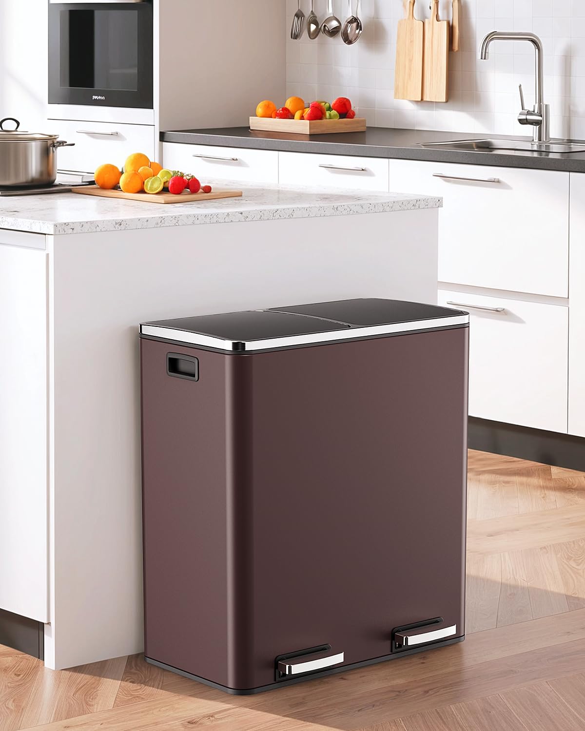 60L(16 Gal) Dual Trash Can, Stainless Steel Kitchen Garbage Can, Double Compartment Classified Rubbish Bin, Recycle Dustbin w/Plastic Inner Buckets, Soft-Close Lid, Airtight, Black