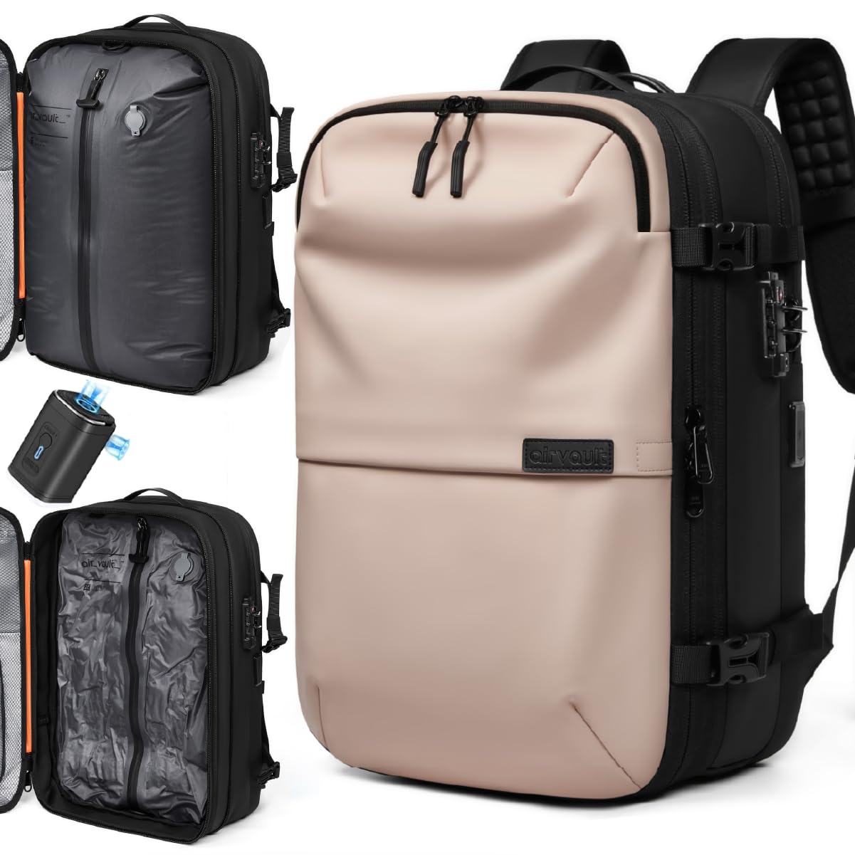 AirVault Vacuum Seal Travel Backpack 60L with Expandable HyperSeal Air Compression Vacuum System Water Resistant TSA Lock (Vacuum Pump Included, Black, 60L)